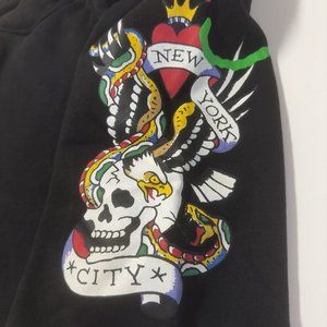 NWT Ed Hardy Mens Shorts M L Fleece Sweats Graphic Tiger Drawstring Cream